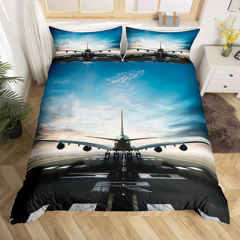 Kids Boys Airplane Duvet Cover Queen Blue Sky Aviation Aircraft Runway Bedding