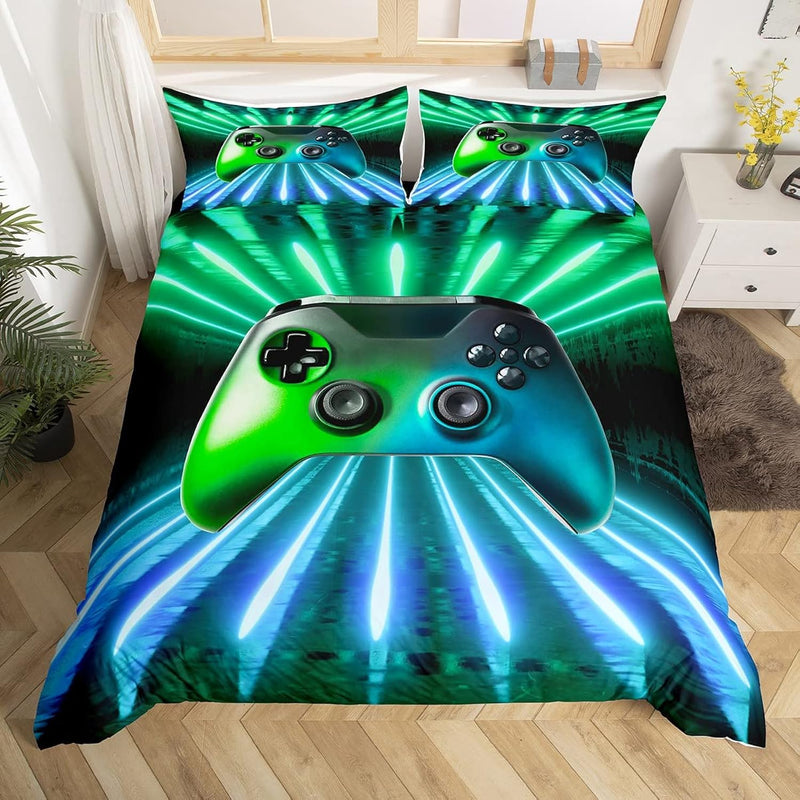 Green Blue Gamepad Bedding Set, Game Player Comforter Cover Queen Size Modern