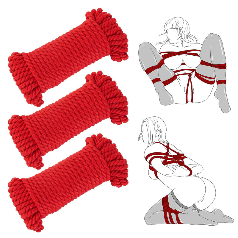 Sex Restraints Shibari Bondage Set - Bdsm Restraint Set For Sex Toys For Couple Women Bondaged Kit Adult Toy Shibari Rope Kit Soft Cotton Ropes 32 Feet/10M, 3 Pack (Red)