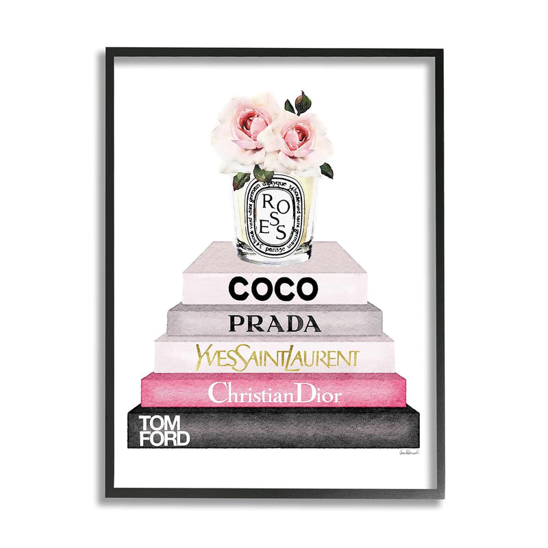 The Stupell Home Decor Collection Book Stack Fashion Candle Pink Rose