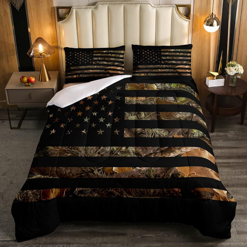 American Flag Camo Comforter Set Queen,Military Hunting Bedding Set Rustic Tre