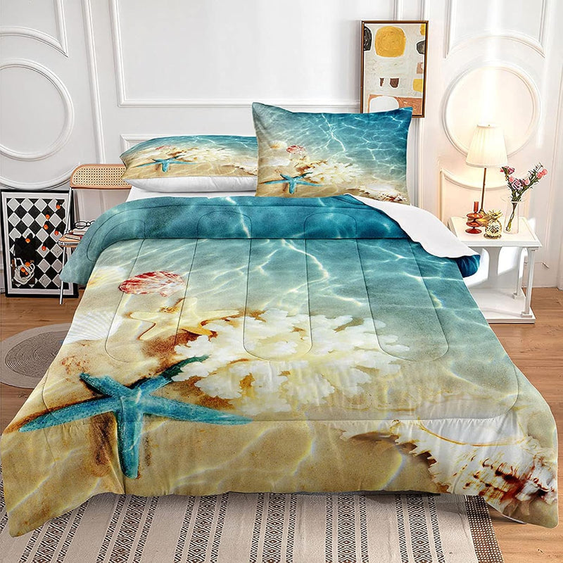 Ocean Beach Comforter Set Blue Bedding Set Teal Coastal Nature Theme Pattern O
