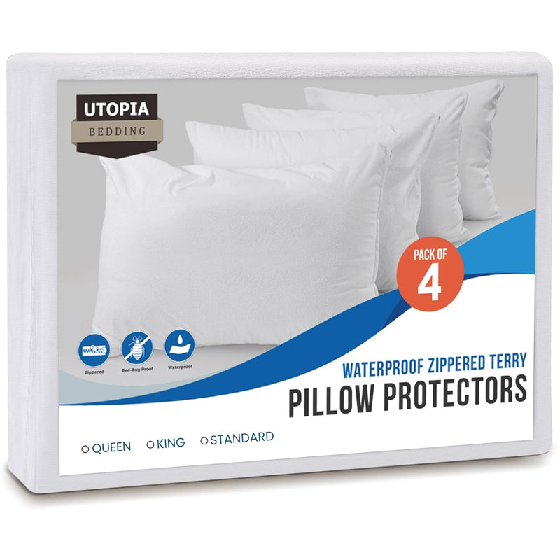 Waterproof Pillow Protectors Zippered (4 Pack), Standard White, Terry Pillow E