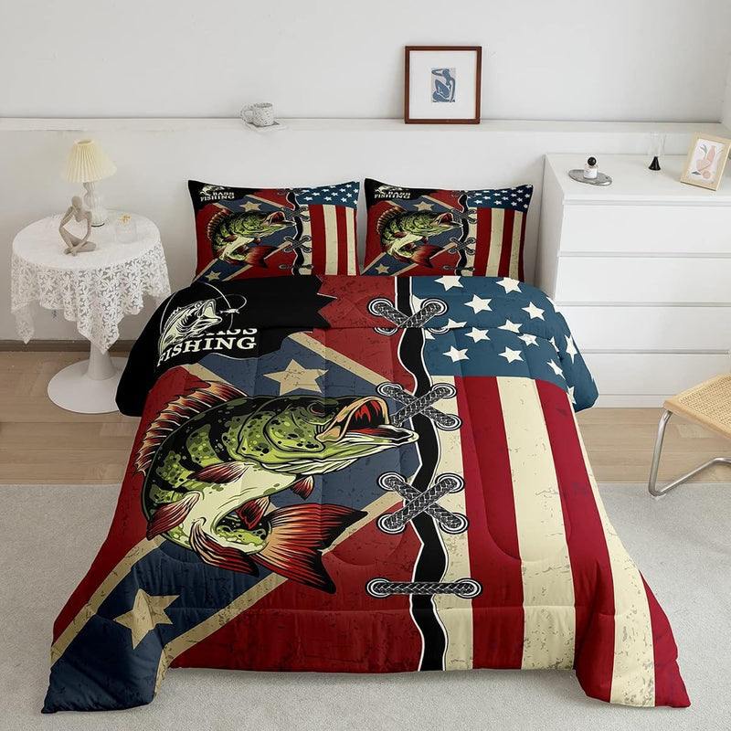 American Flag Comforter Set Queen For Boy Teens Bass Fishing Bedding Vintage U