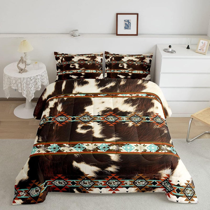 Cowhide Quilt Brown Highland Cow Print Queen Comforter Set,Western Bedding Set