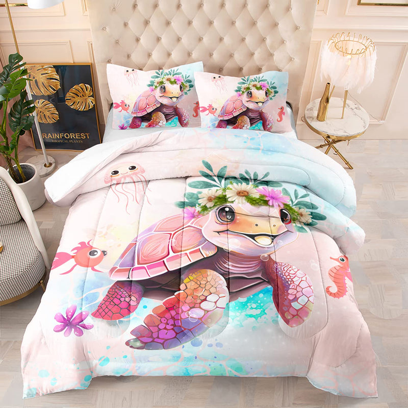 Kawaii Sea Turtle Comforter Set Twin Size,Ocean Theme Bedding Set For Girls Ki