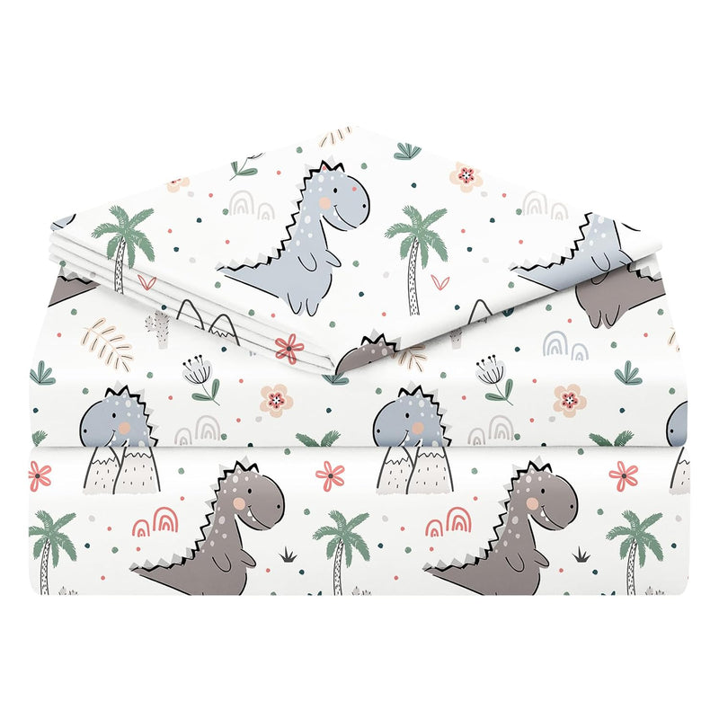 Kids Twin Bed Sheet, Kawaii T-Rex Dinosaur Pattern 14" Deep Pocket 3 Pieces Sh