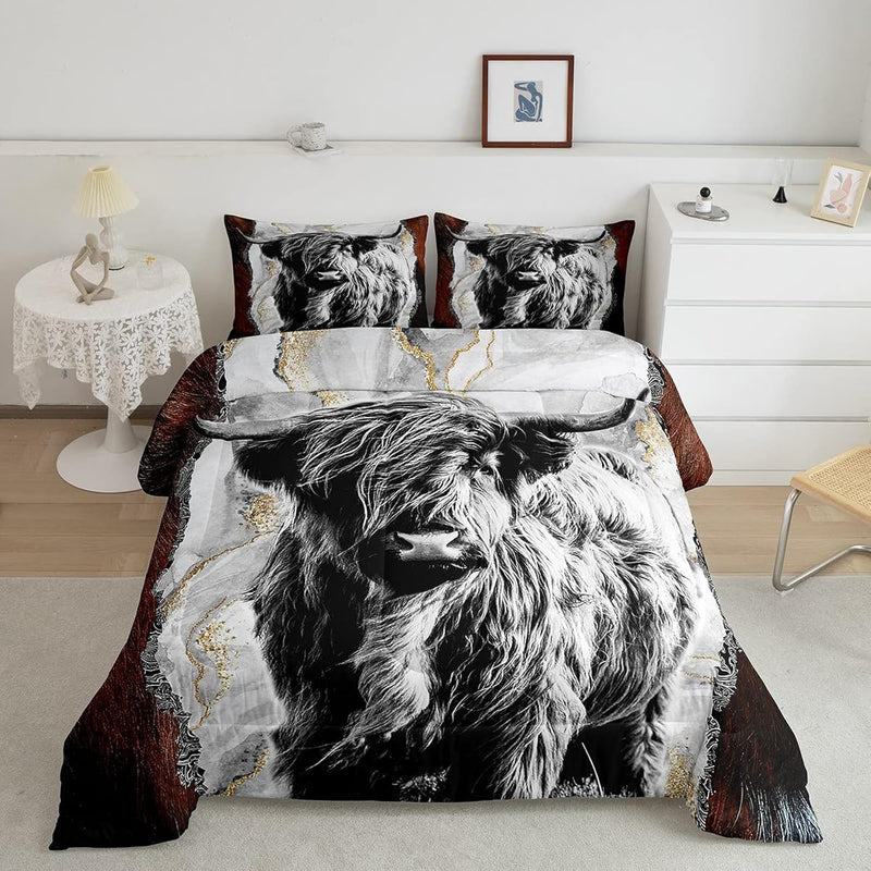 Highland Cow Comforter Set Bull Cattle Bedding Set,Gold Grey Marble Quilted Co