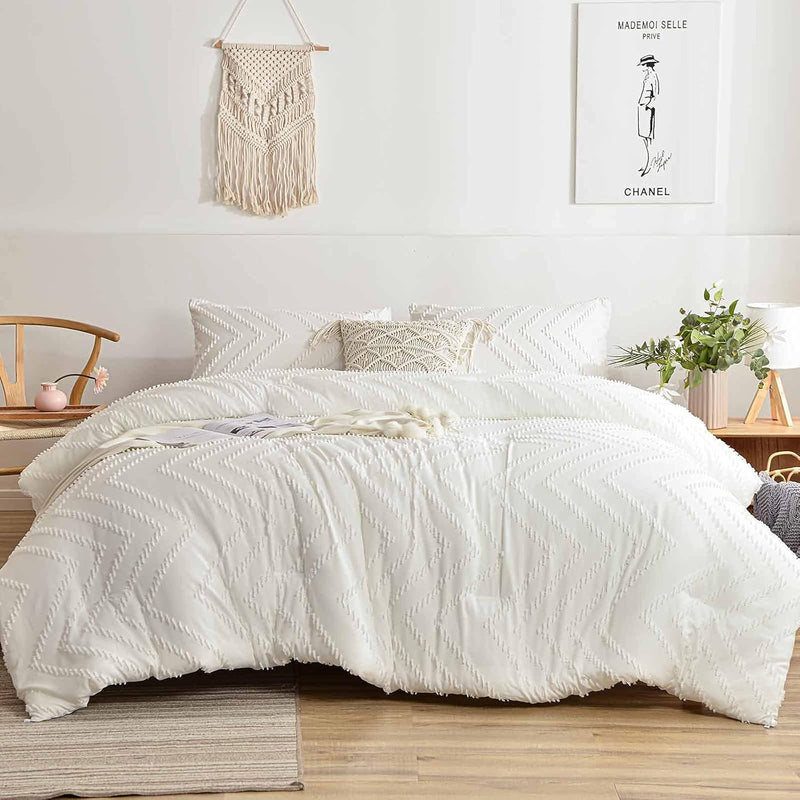 White Full Comforter Set, Tufted Jacquard Boho Soft Shabby Chic Reversible Dow