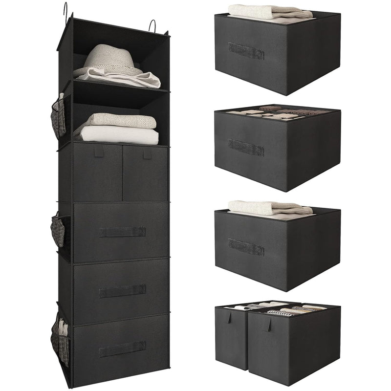 6-Shelves Hanging Closet Organizer With 5 Different Drawers, Foldable Closet Org