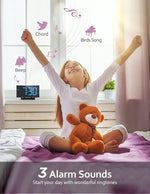 Digital Alarm Clock for Bedrooms with Modern Curved Design, Conspicuous Blue LED Numbers, 6 Levels Brightness, 2 Volume, 3 Alarm Tones, Snooze, Power-Off Memory, 12/24H, Bedside Clock