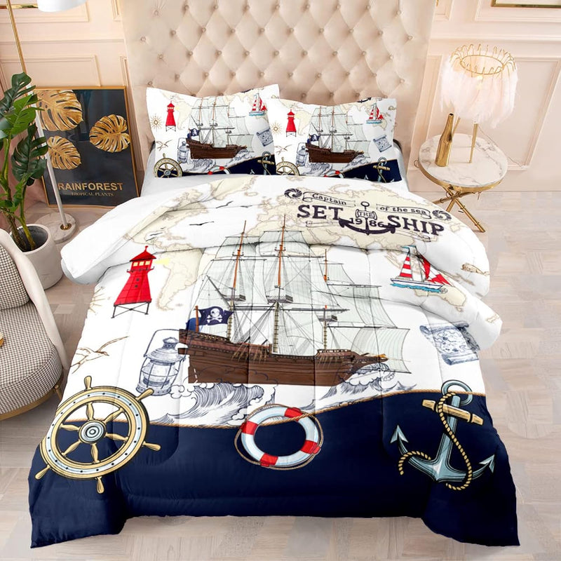 3D Nautical Sailing Ship Bedding Quilt, 3-Piece Blue Ocean Navigation Skull Pi