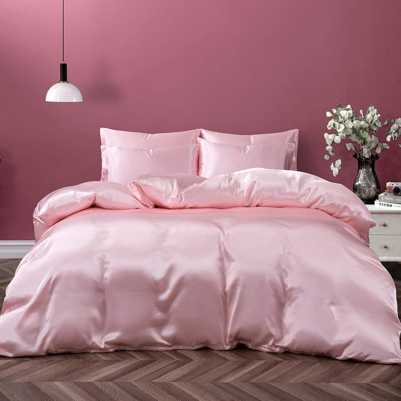 5 Pieces Satin Duvet Cover King Size Set, Luxury Silky Like Blush Pink Duvet C
