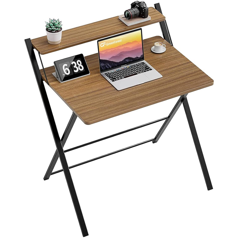 Folding Desk No Assembly Required, Computer Desk With 2-Tier Shelf Foldable Ta