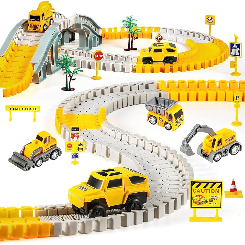 260 Pcs Construction Race Tracks For Kids Toys, 2 Electric Cars, 4 Construc