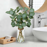 Artificial Eucalyptus Stems in Glass Vase with Faux Water, 14" Fake Plant Eucalyptus Leaves for Home Office Farmhouse Wedding Centerpiece Décor