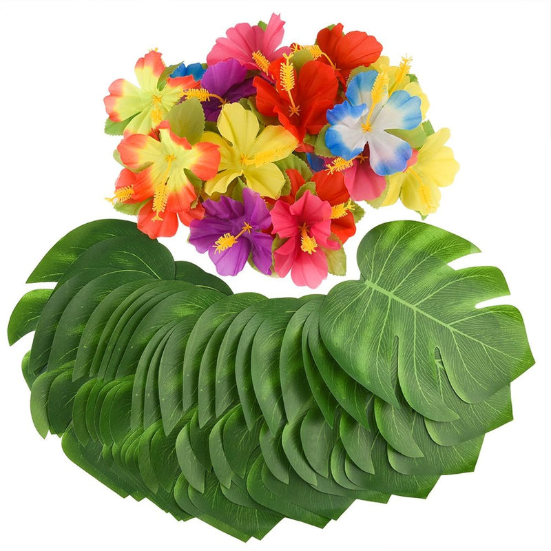 60 Pcs Tropical Party Decoration Supplies 8" Palmtera Hibiscus Leaves And Flow