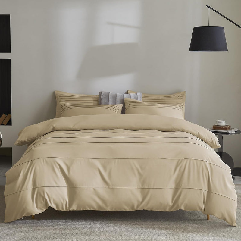 Queen Size Khaki Duvet Cover Set - 3Pcs Microfiber Bedding Set, Stylish Pleate