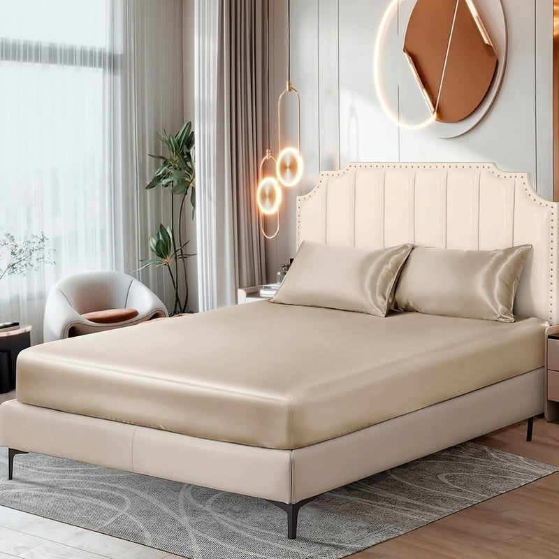 Satin Fitted Sheet Only, Luxury Silky Queen Fitted Sheet Ultra Soft Deep Pocke