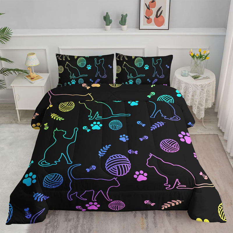 Black Cat Bedding Cartoon Cat Comforter Set Twin,Neon Cat Paw Ball Of Yarn Pri