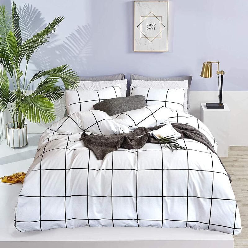 White Plaid Comforter Sets Full Women White Grid Checkered Cotton Bedding Comf
