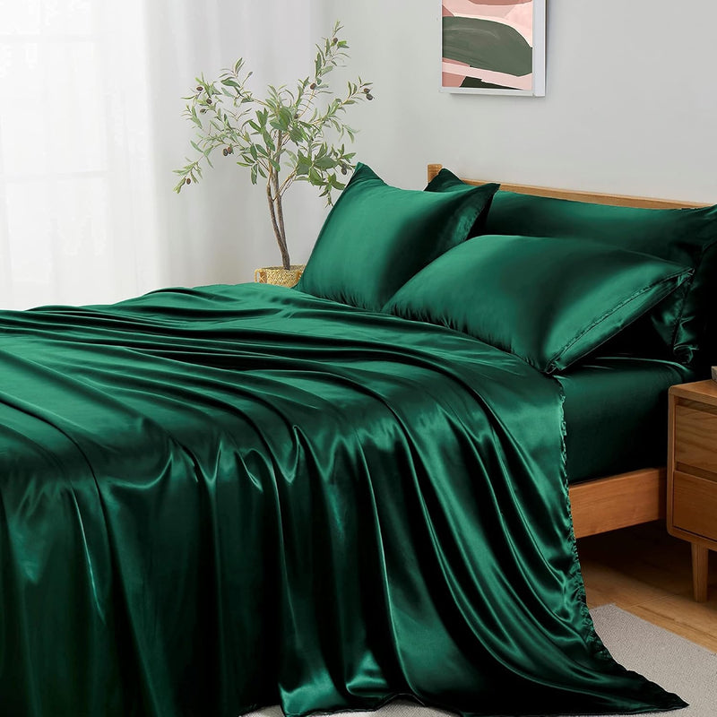 5Pcs Silky Satin Sheets Set, Queen Size Satin Bed Sheets Set, Blackish Green L