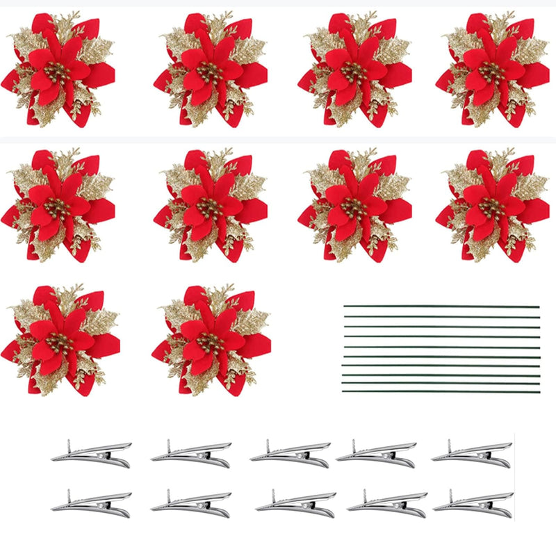 10 Pcs Christmas Artificial Flowers Gold Glitter Poinsettia Flowers Artificial