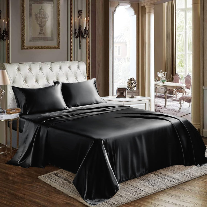 Satin Sheets Queen Size 4-Pieces Silky Sheets Microfiber Black Bed Sheet Set W