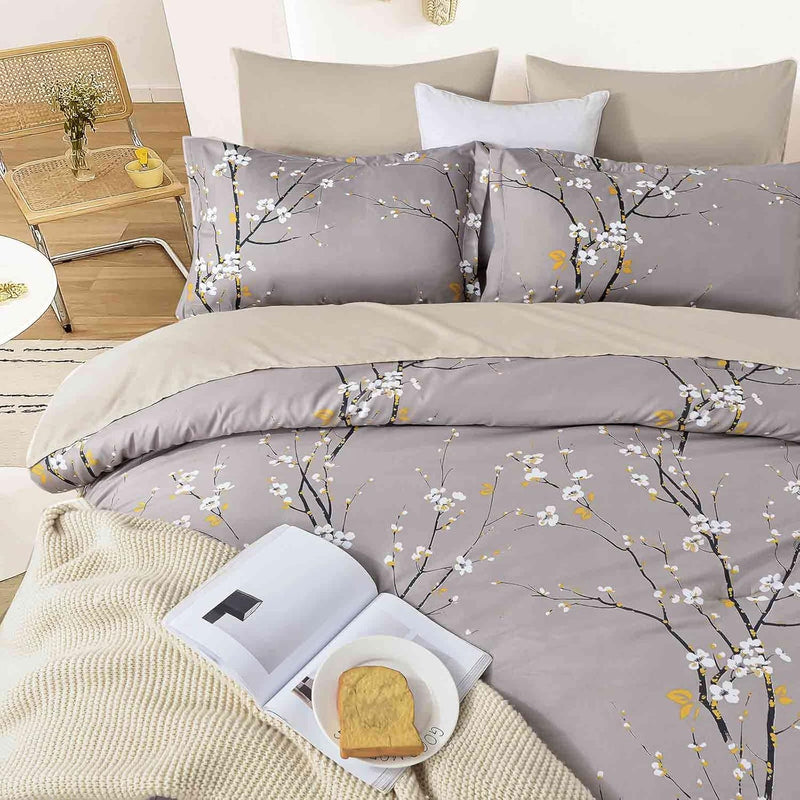 7Pc Queen Comforter Set With Sheet, Grey Pastel Floral Pattern Print Reversibl