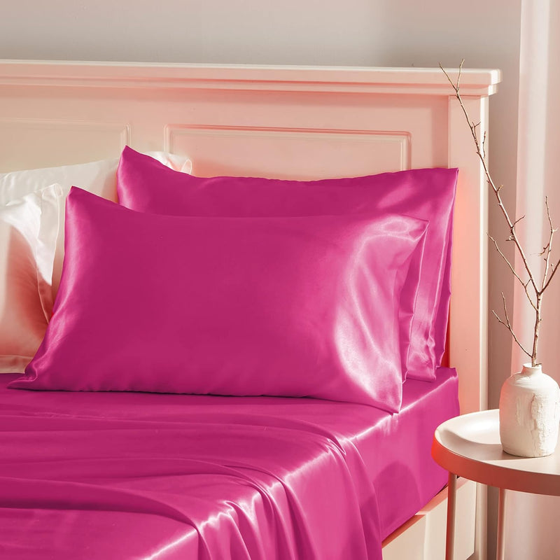 Hot Pink Satin Pillowcase For Hair Protection- 2Pcs Standard Pillow Cases, Lux