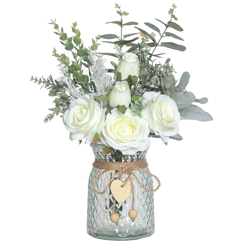 Faux Flowers With Vase,Artificial Silk Roses In Vase, Fake Plant Eucalyptus Fl