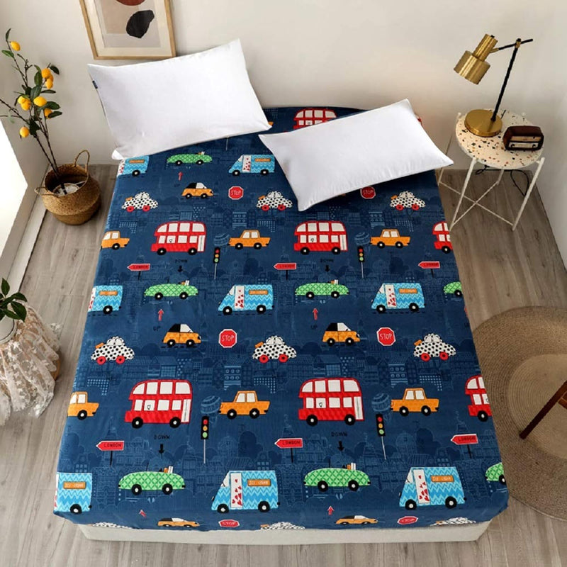 Bedding Fitted Sheet With Deep Pocket,Thicken Printed Fabric Bed Sheets (Navy