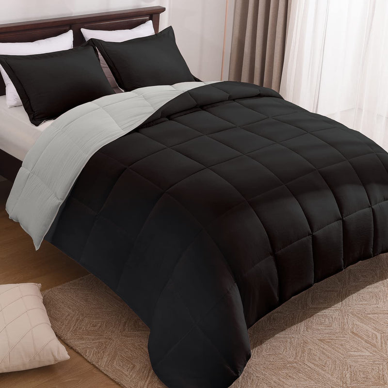 Twin Size Comforter Set - Washed Microfiber Black And Grey Reversible Bed Comf
