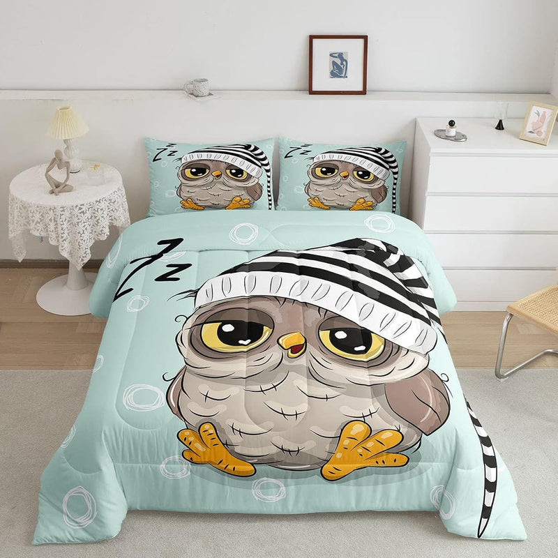 Owl Sherpa Comforter Set Full,Sleeping Sign Bedding Set 3Pcs For Kids Teens Gi