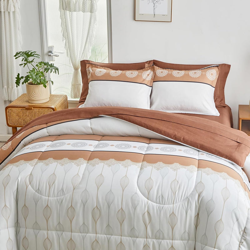 Stripes Bed In A Bag Queen Size 7 Pieces Brown White Comforter Sheet Set With