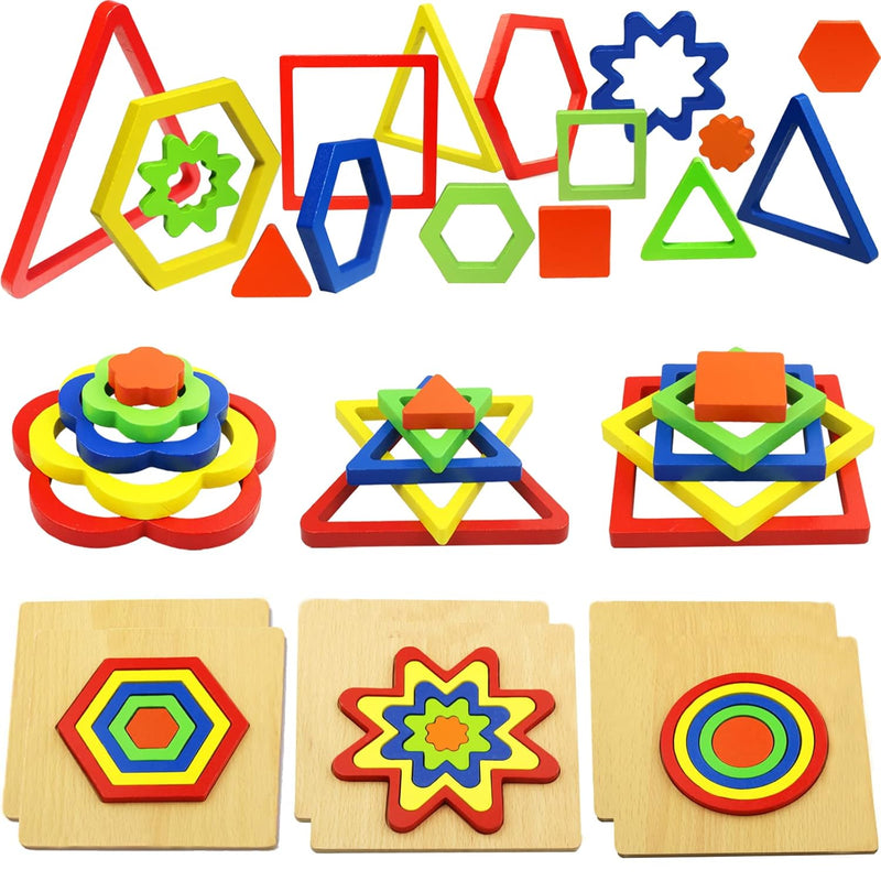 Toddler Puzzles Wooden Toys, 6 Pack Shape Sorting Puzzle Sensory Toys 1 2 3