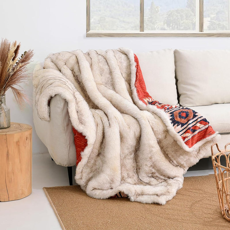 Luxury Plush Faux Fur Throw Blanket With Aztec Pattern, Super Warm, Fuzzy, Ele