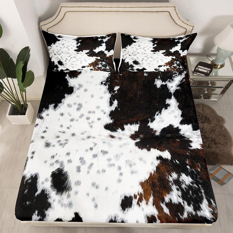 Cow Fur Fitted Sheet Queen Size White Black Brown Cowhide Bedding Set 3Pcs For