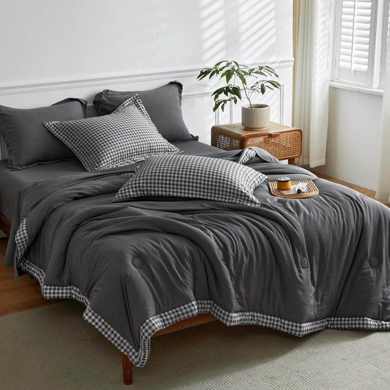 Buffalo Check Plaid Queen Comforter Set Grey Comforter For Queen Size Bed 7 Pi