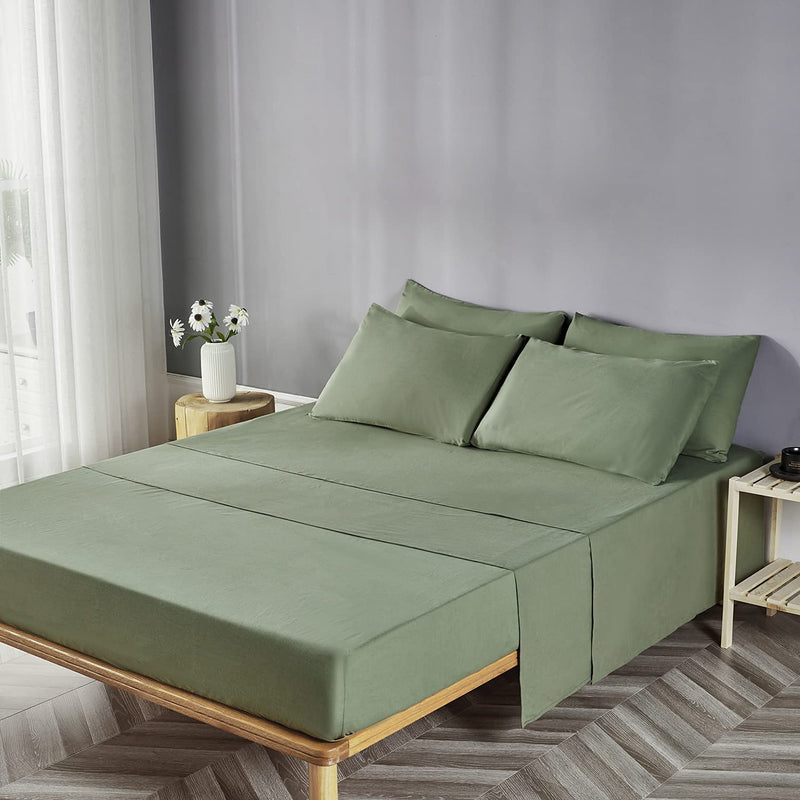Deep Pocket Sheet Set, 100% Washed Cotton Green Queen Size Sheet Set-1 Fitted