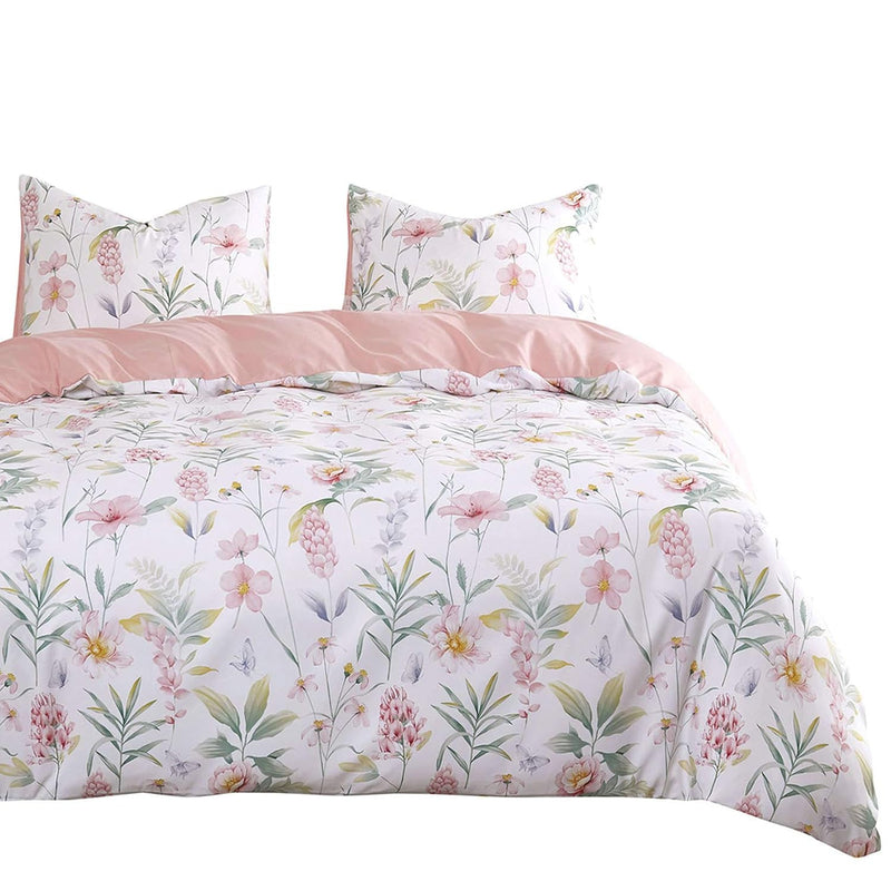 - Floral Comforter Set, Pink Botanical Flower And Green Tree Leaves Pattern Pr