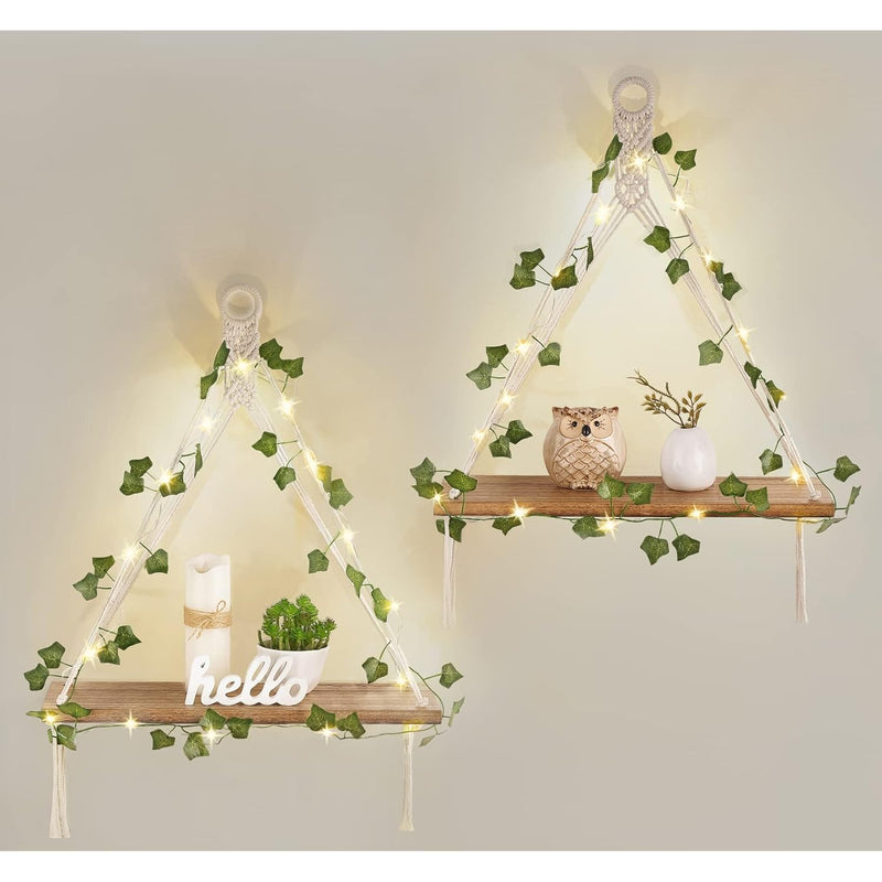 Artificial Ivy Macrame Hanging Shelves With Lights Set Of 2 Boho Wall Decor Di