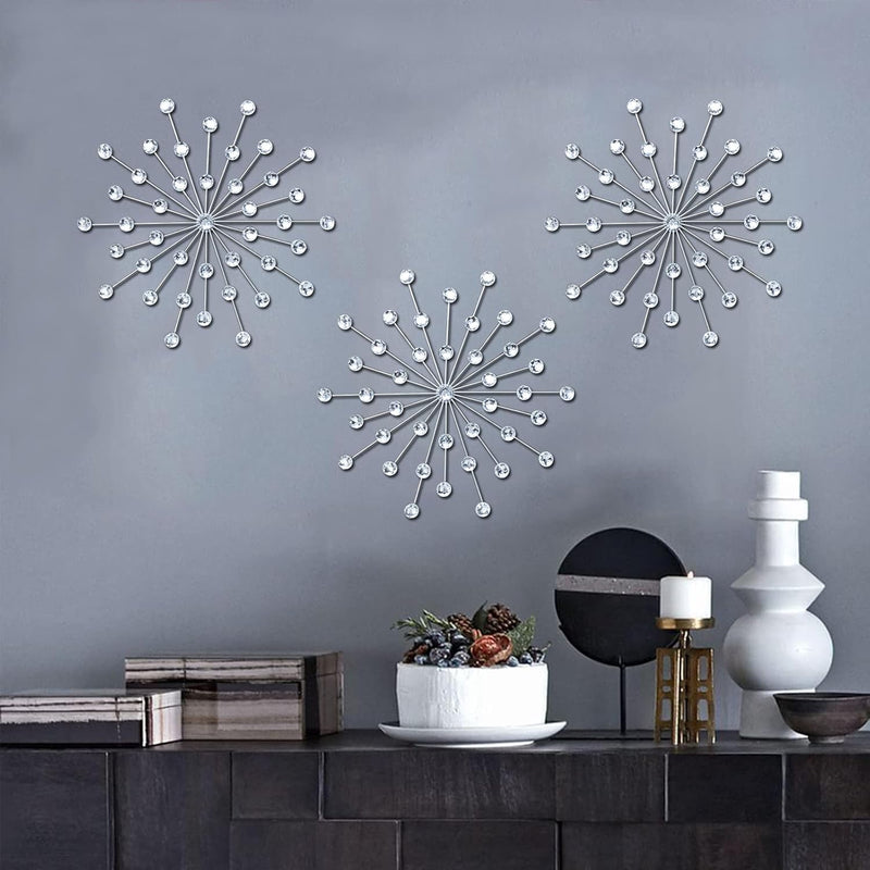 3 Set Silver Metal Jeweled Wall Art Bling Crystal Home Décor Starburst Rhinest