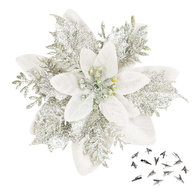 15 Pcs Silver Poinsettia Artificial Flowers Glitter Artificial Christmas Flowe
