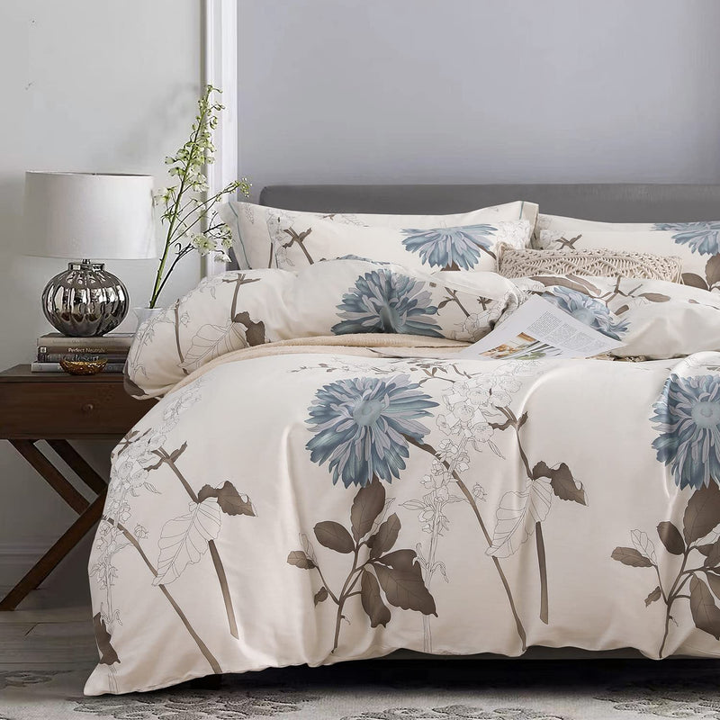 Comforter Queen Size, 600 Thread Count Cotton Brown Branches And Blue Flowers