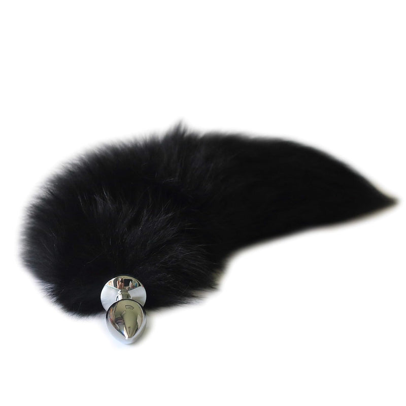 Real Fox Fur Tail Stainless Steel Anal Plug Set - Sensual Adult Toy & Cosplay Accessory (Black, Small Plug)