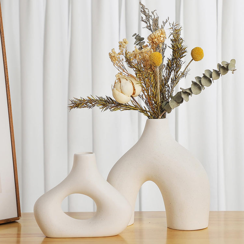 White Ceramic Vase Set Of 2 For Modern Minimalist Bohemian Decor,Round Matte D