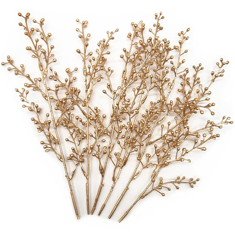 Artificial Golden Berry Stem Decorations, Fake Bead Sticks Picks Plastic Plant