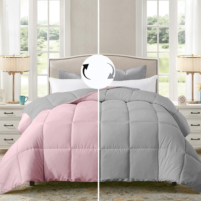 ® Full Comforter Duvet Insert - All Season Pink/Light Grey Quilted Down Altern