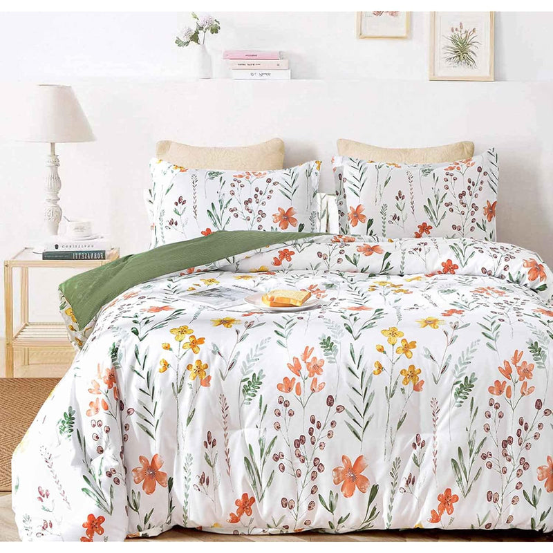 Floral Duvet Cover Full Size - White Yellow Flowers And Green Leaf Spring Bota